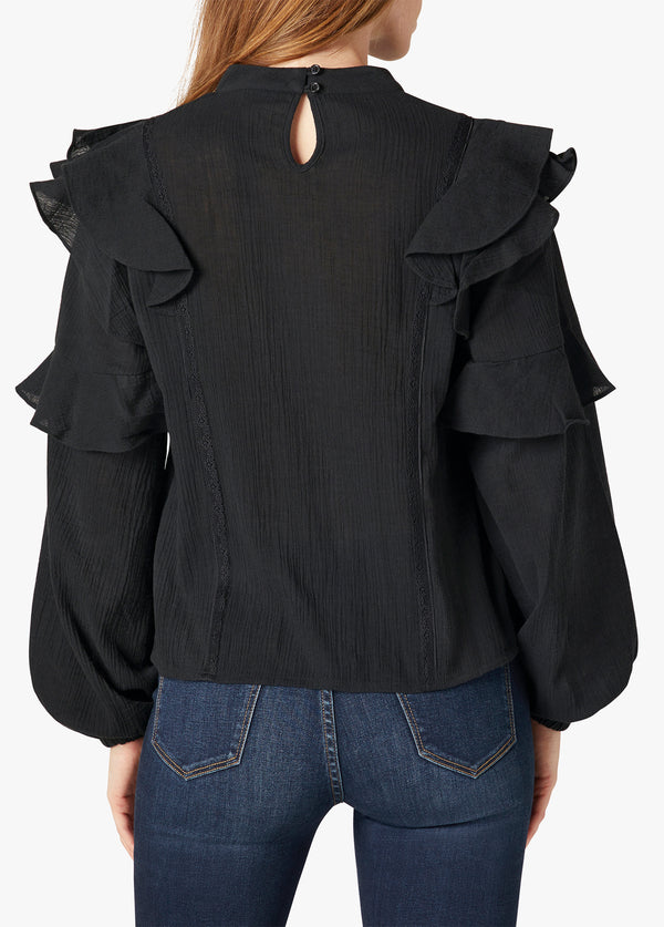BREE FRILL & LACE PEASANT L/S SHIRT - BLACK