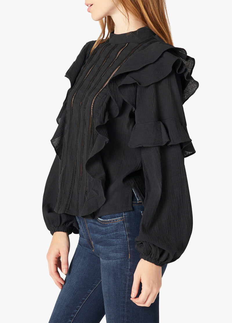 BREE FRILL & LACE PEASANT L/S SHIRT - BLACK