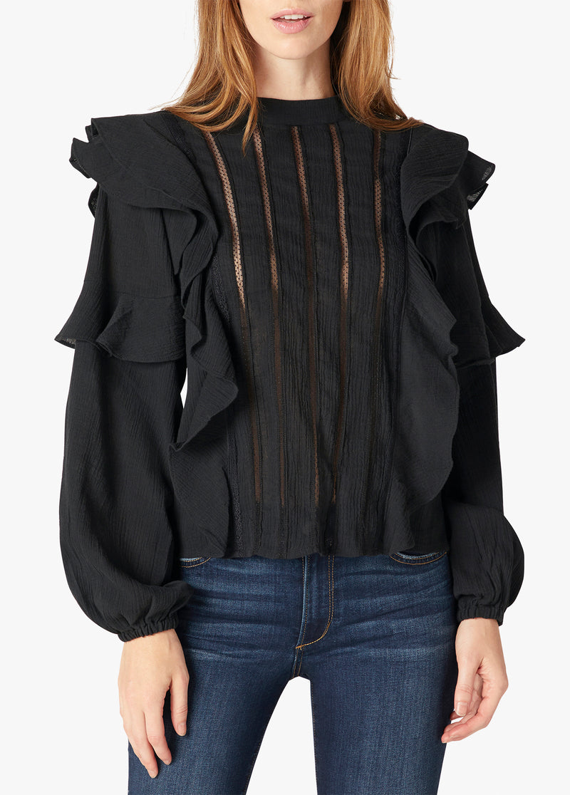BREE FRILL & LACE PEASANT L/S SHIRT - BLACK